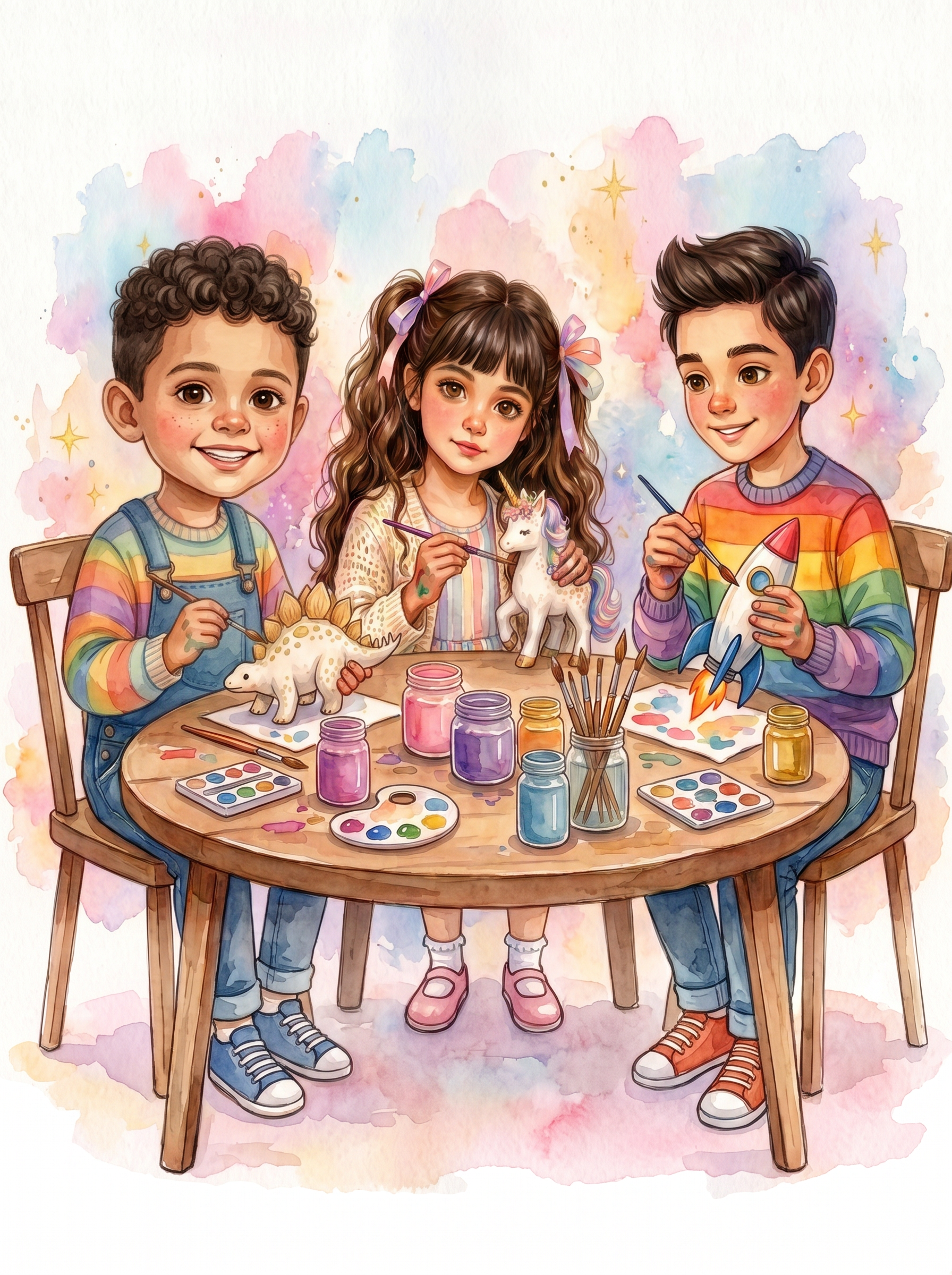The Three Makers, Bella, Sebastian, and Aiden, together after the mission.